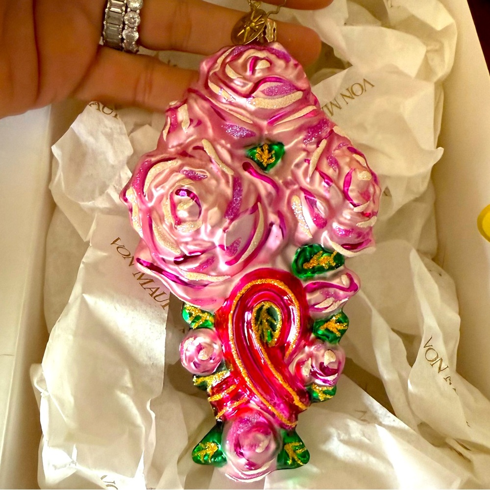 RETIRED 2002 Christopher Radko “Pretty Petals Breast Cancer”Christmas Ornament